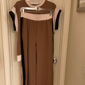 Wide Leg Colorblock Top / Pants in Brown and Cream